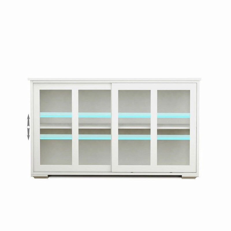 Buffet bahut blanc en MDF E1 avec portes coulissantes en verre, étagère intérieure réglable et pieds antidérapants