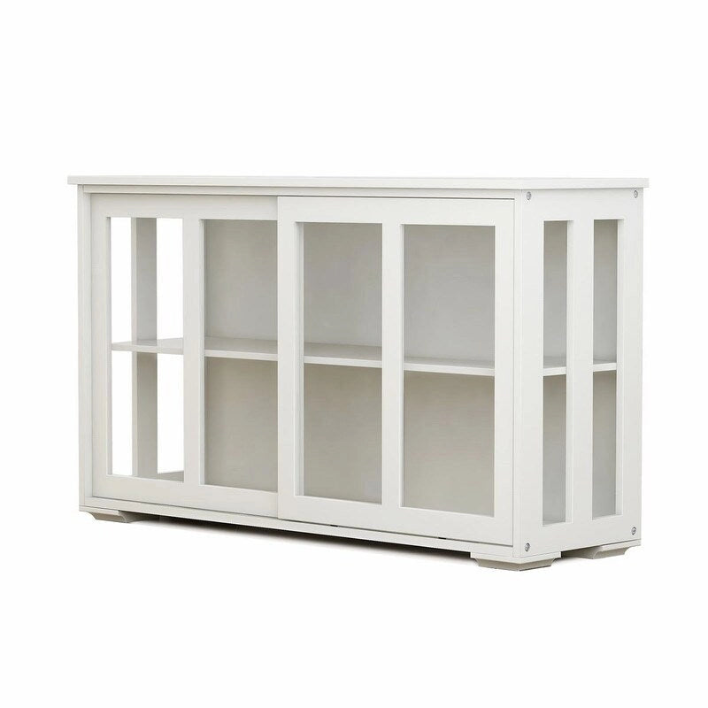 Buffet bahut blanc en MDF E1 avec portes coulissantes en verre, étagère intérieure réglable et pieds antidérapants