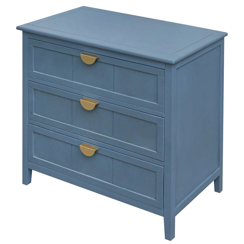 Commode 3 tiroirs de style américain, finition grain de bois, poignées dorées, rangement de chambre.