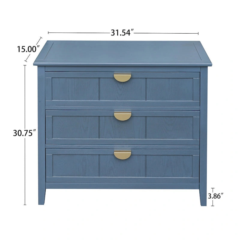 Commode 3 tiroirs de style américain, finition grain de bois, poignées dorées, rangement de chambre.