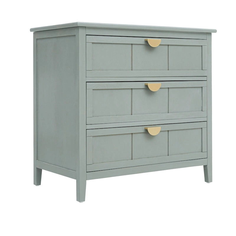 Commode 3 tiroirs de style américain, finition grain de bois, poignées dorées, rangement de chambre.