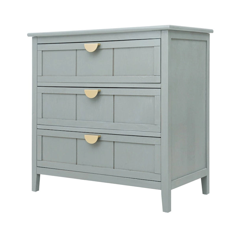 Commode 3 tiroirs de style américain, finition grain de bois, poignées dorées, rangement de chambre.