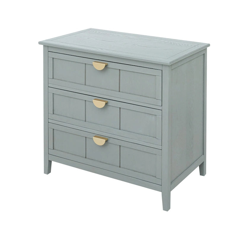 Commode 3 tiroirs de style américain, finition grain de bois, poignées dorées, rangement de chambre.