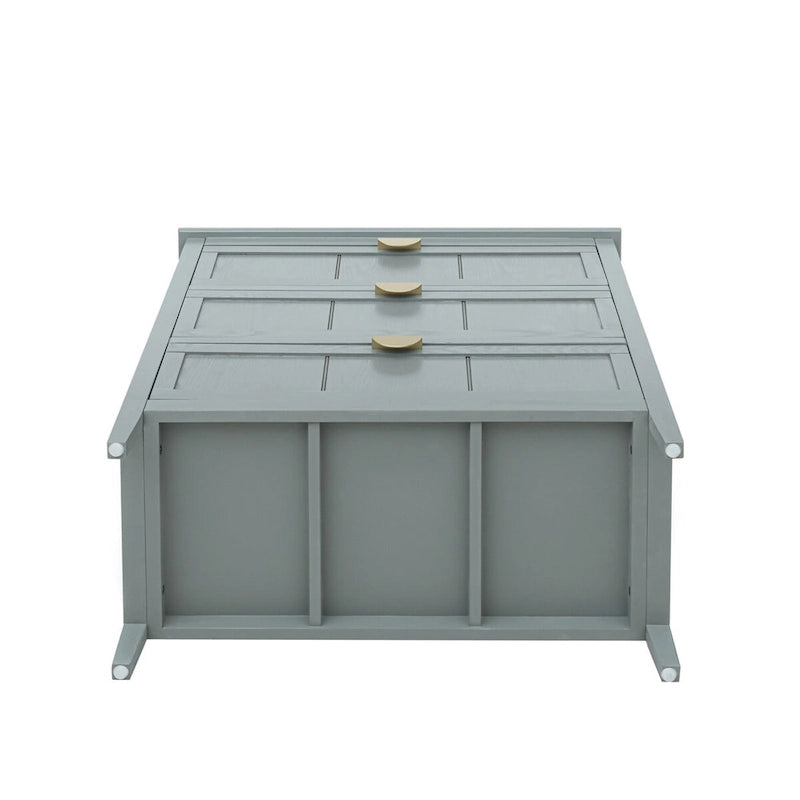 Commode 3 tiroirs de style américain, finition grain de bois, poignées dorées, rangement de chambre.