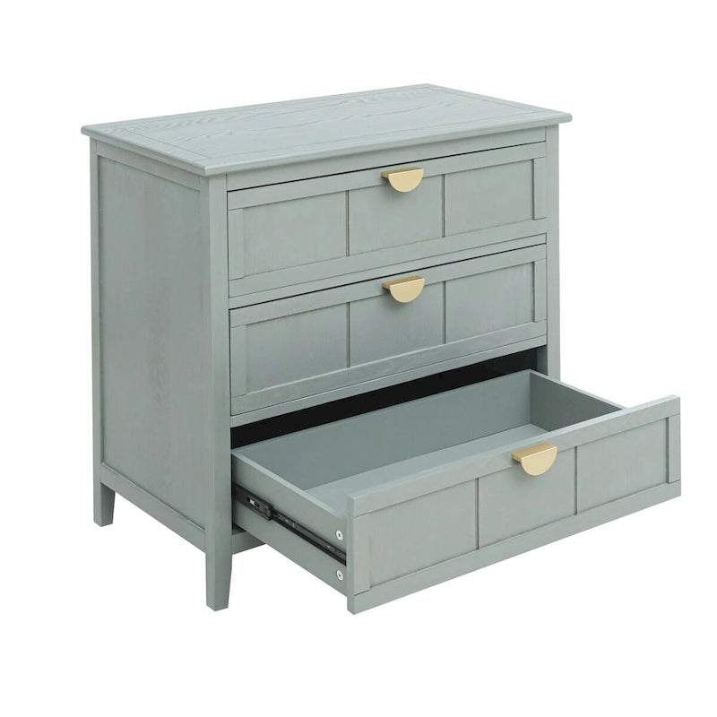 Commode 3 tiroirs de style américain, finition grain de bois, poignées dorées, rangement de chambre.