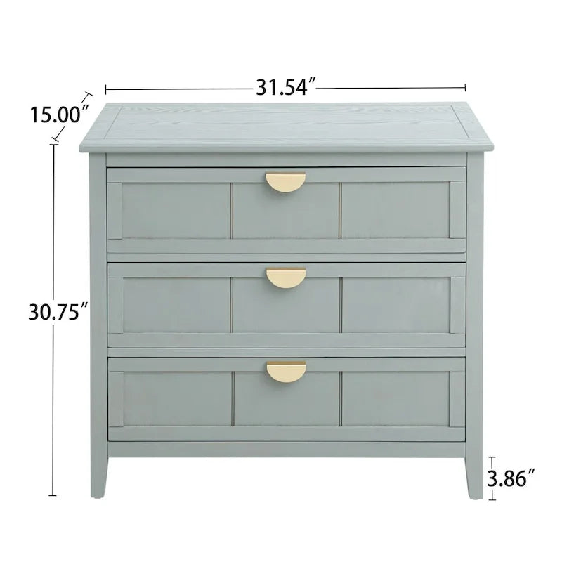 Commode 3 tiroirs de style américain, finition grain de bois, poignées dorées, rangement de chambre.