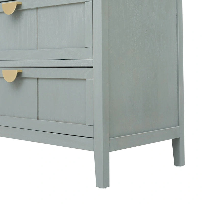Commode 3 tiroirs de style américain, finition grain de bois, poignées dorées, rangement de chambre.