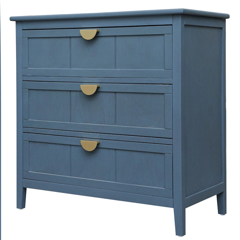 Commode 3 tiroirs de style américain, finition grain de bois, poignées dorées, rangement de chambre.