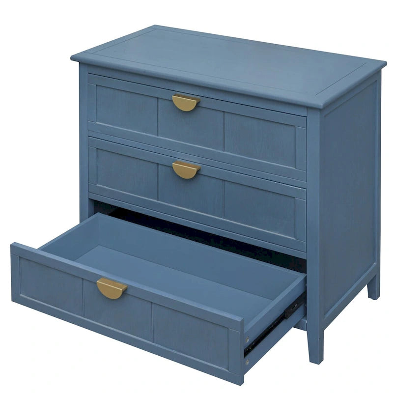 Commode 3 tiroirs de style américain, finition grain de bois, poignées dorées, rangement de chambre.