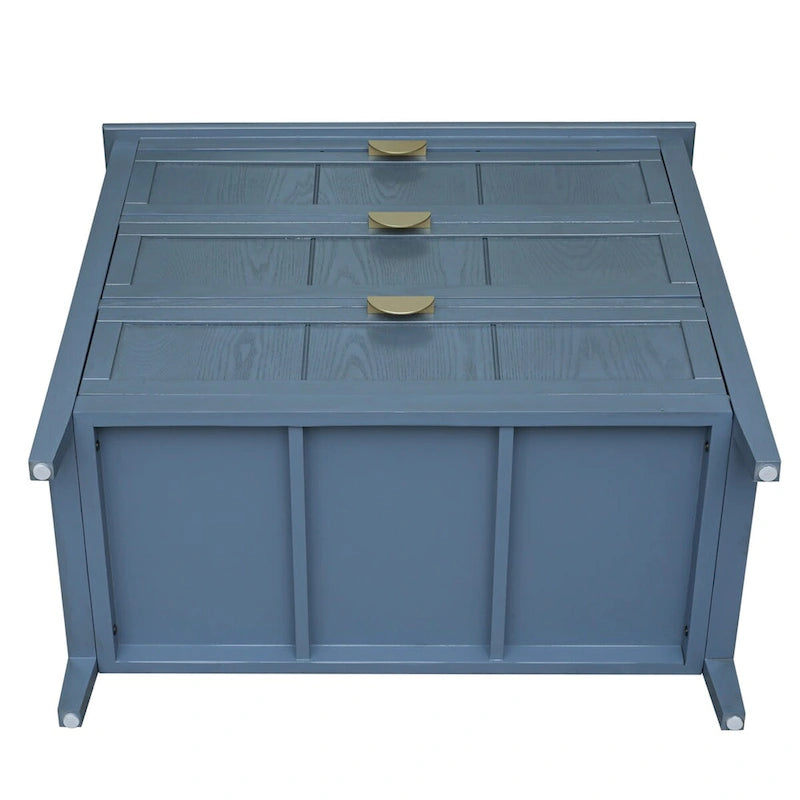 Commode 3 tiroirs de style américain, finition grain de bois, poignées dorées, rangement de chambre.