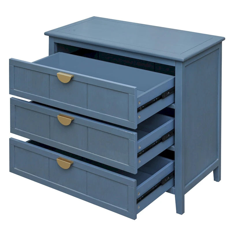 Commode 3 tiroirs de style américain, finition grain de bois, poignées dorées, rangement de chambre.