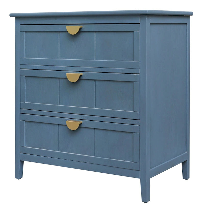Commode 3 tiroirs de style américain, finition grain de bois, poignées dorées, rangement de chambre.
