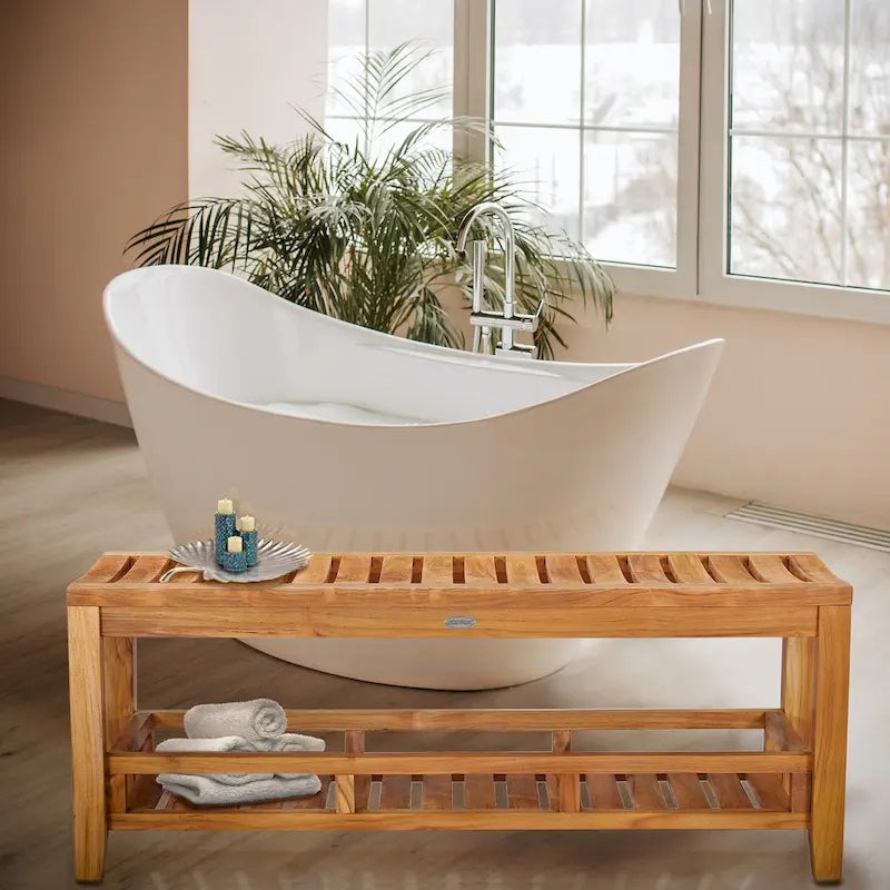 Banc de douche en teck de 47 po avec étagère de rangement inférieure en teck de catégorie A, quincaillerie en acier inoxydable, finition cirée à la main