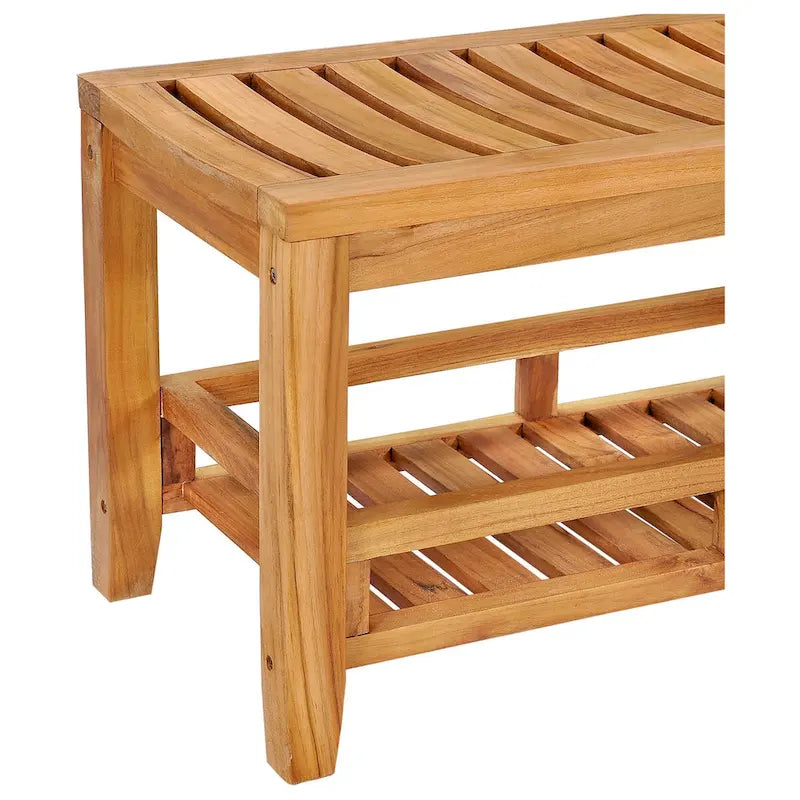 Banc de douche en teck de 47 po avec étagère de rangement inférieure en teck de catégorie A, quincaillerie en acier inoxydable, finition cirée à la main