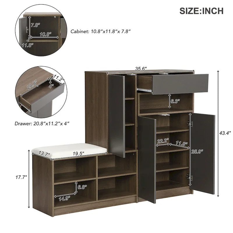 Meuble à chaussures 2-en-1 avec banc rembourré, portes à ouverture par poussée, étagères réglables, panneau de particules anti-basculement