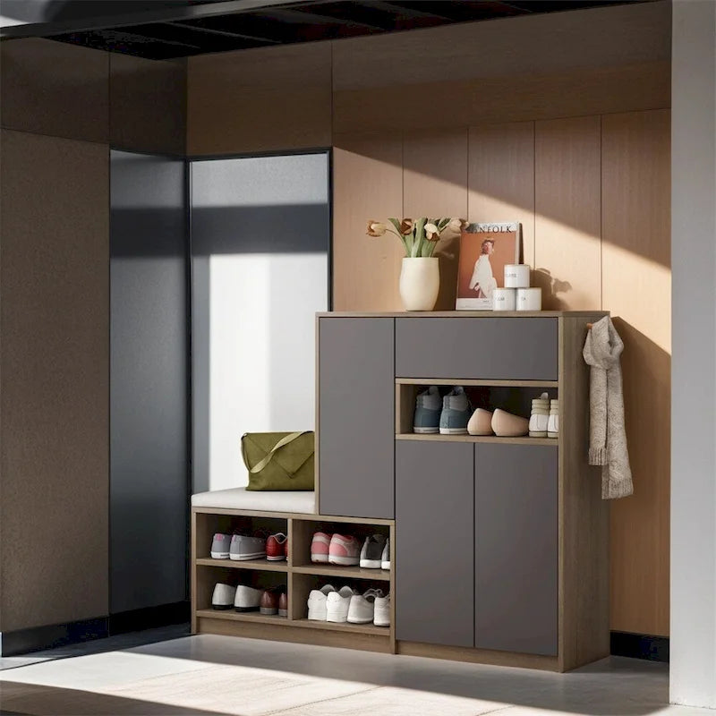 Meuble à chaussures 2-en-1 avec banc rembourré, portes à ouverture par poussée, étagères réglables, panneau de particules anti-basculement
