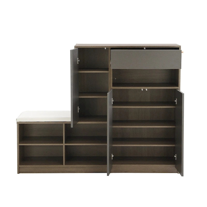 Meuble à chaussures 2-en-1 avec banc rembourré, portes à ouverture par poussée, étagères réglables, panneau de particules anti-basculement