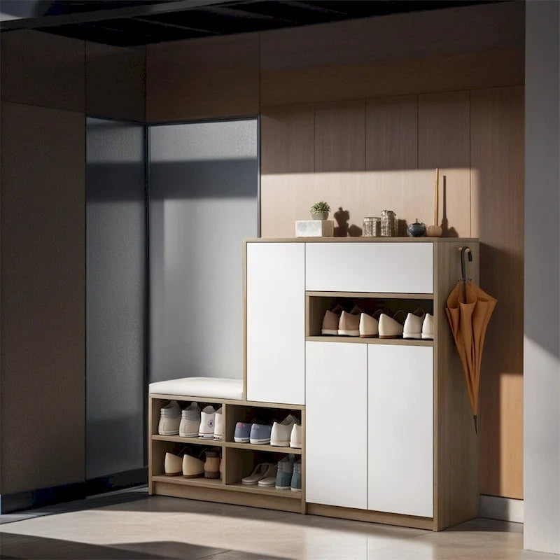 Meuble à chaussures 2-en-1 avec banc rembourré, portes à ouverture par poussée, étagères réglables, panneau de particules anti-basculement