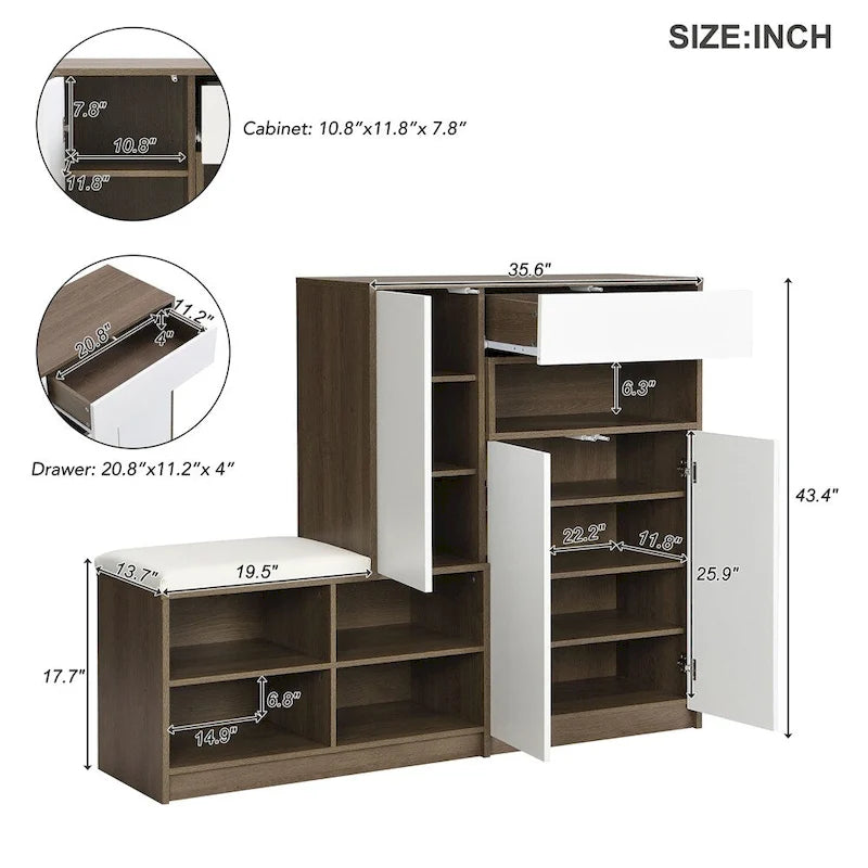 Meuble à chaussures 2-en-1 avec banc rembourré, portes à ouverture par poussée, étagères réglables, panneau de particules anti-basculement