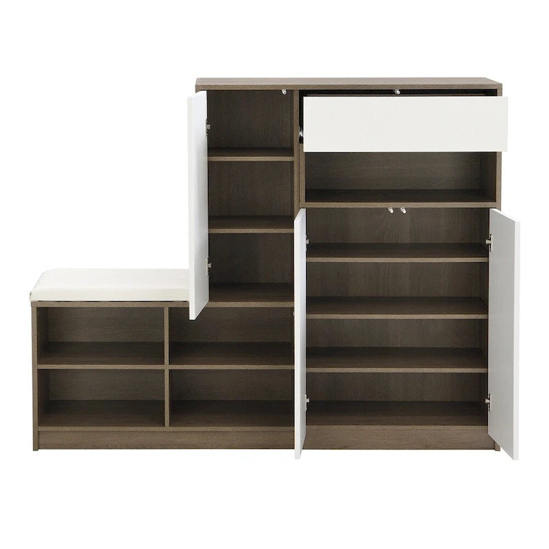 Meuble à chaussures 2-en-1 avec banc rembourré, portes à ouverture par poussée, étagères réglables, panneau de particules anti-basculement