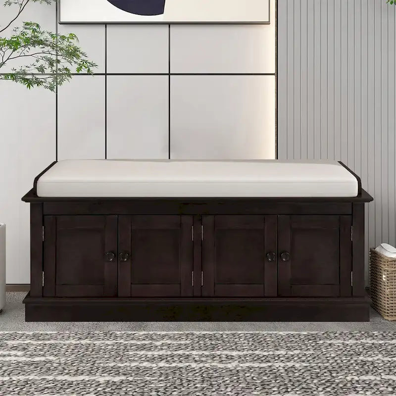 Banc de rangement vintage en bois avec coussin d'assise, meuble à quatre portes et étagères réglables