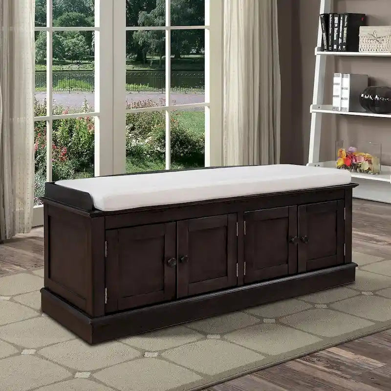 Banc de rangement vintage en bois avec coussin d'assise, meuble à quatre portes et étagères réglables