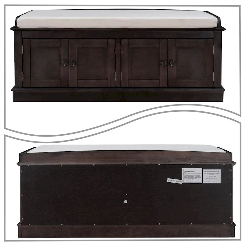 Banc de rangement vintage en bois avec coussin d'assise, meuble à quatre portes et étagères réglables