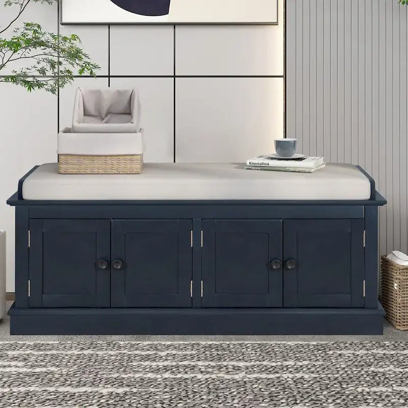 Banc de rangement vintage en bois avec coussin d'assise, meuble à quatre portes et étagères réglables