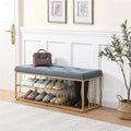 Banc d'entrée capitonné de 119 cm avec étagère à chaussures ouverte à deux niveaux, capitonnage à boutons, garniture cloutée, cadre en métal doré