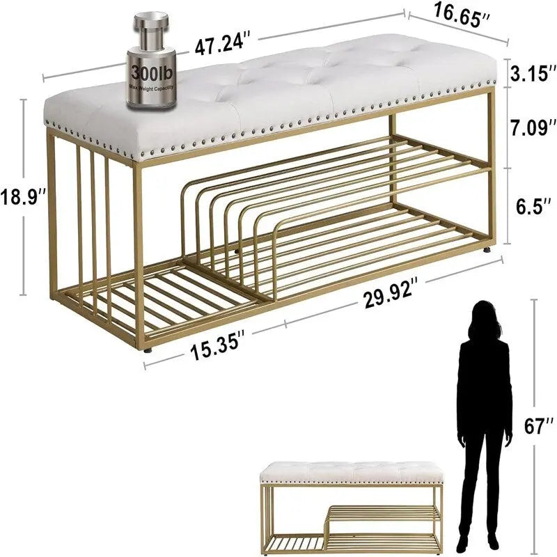 Banc d'entrée capitonné de 119 cm avec étagère à chaussures ouverte à deux niveaux, capitonnage à boutons, garniture cloutée, cadre en métal doré