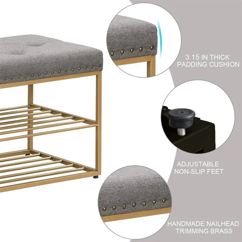 Banc d'entrée capitonné de 119 cm avec étagère à chaussures ouverte à deux niveaux, capitonnage à boutons, garniture cloutée, cadre en métal doré