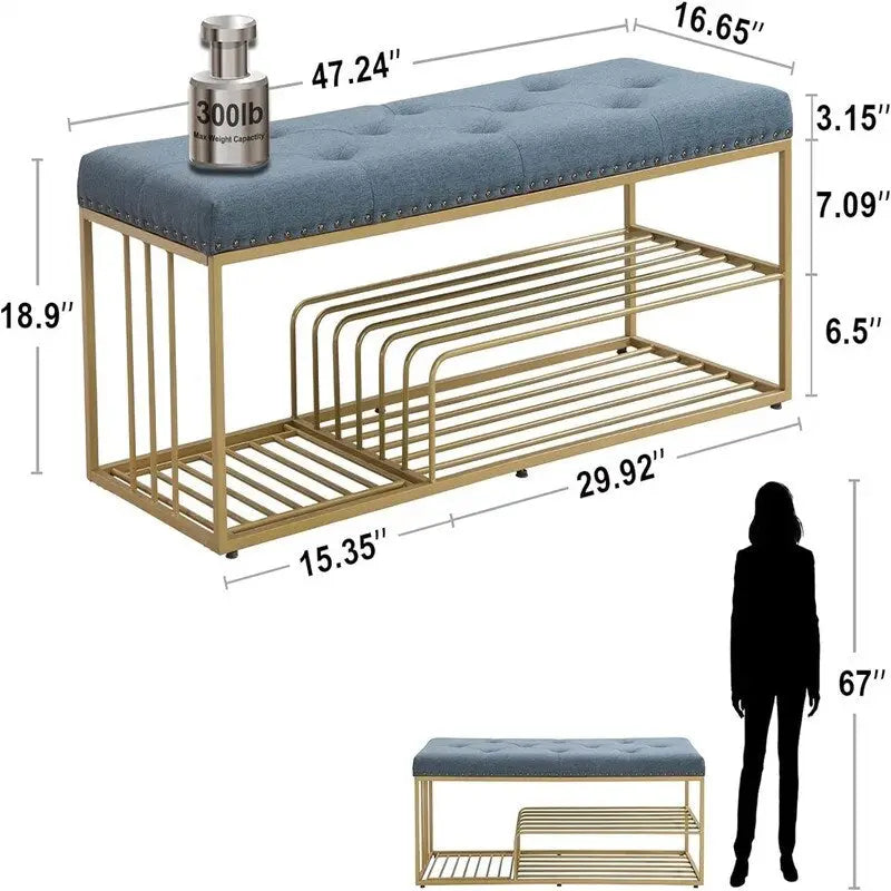 Banc d'entrée capitonné de 119 cm avec étagère à chaussures ouverte à deux niveaux, capitonnage à boutons, garniture cloutée, cadre en métal doré