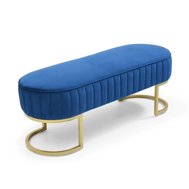 Banc ottoman ovale matelassé en canaux de 122 cm avec cadre en bois massif, mousse haute densité et base en métal doré en forme de U