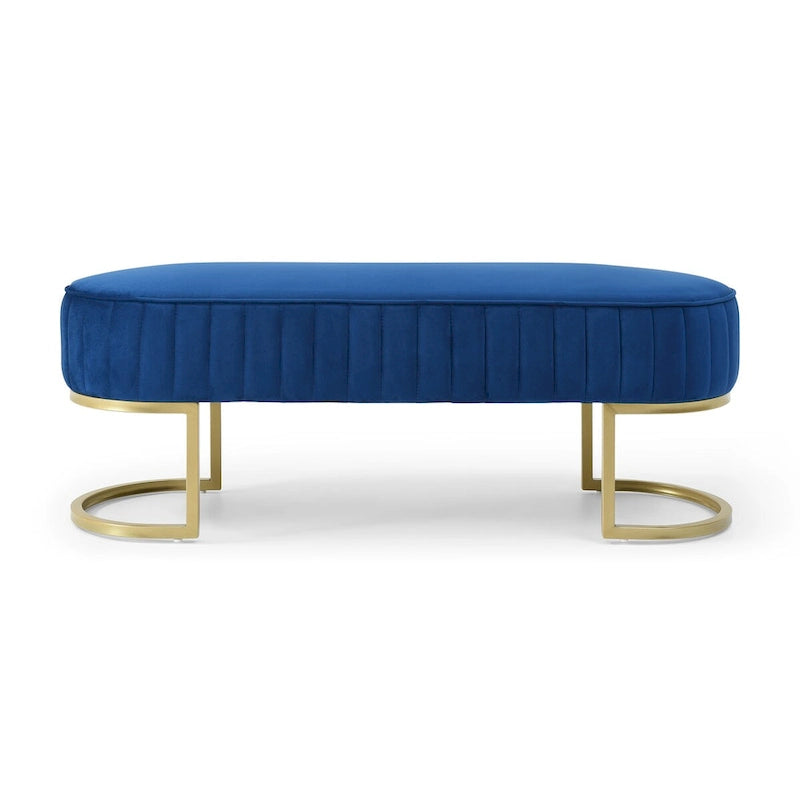 Banc ottoman ovale matelassé en canaux de 122 cm avec cadre en bois massif, mousse haute densité et base en métal doré en forme de U