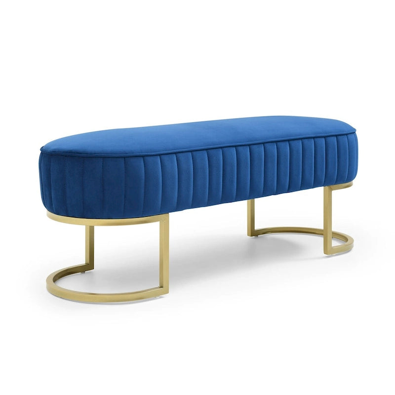 Banc ottoman ovale matelassé en canaux de 122 cm avec cadre en bois massif, mousse haute densité et base en métal doré en forme de U