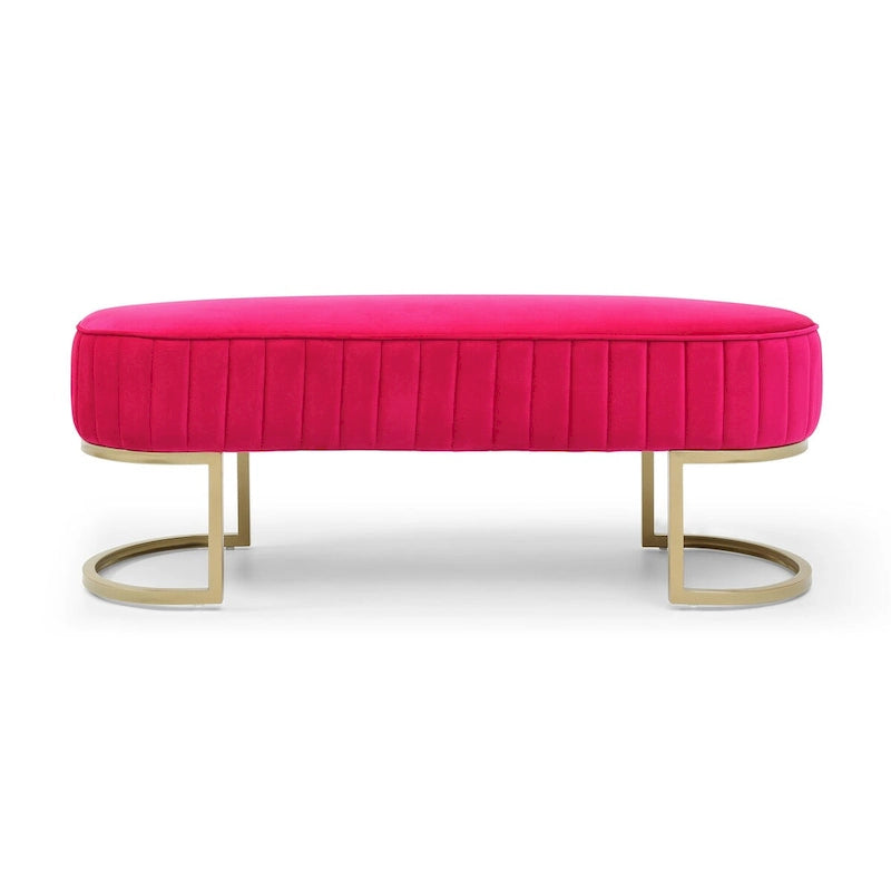 Banc ottoman ovale matelassé en canaux de 122 cm avec cadre en bois massif, mousse haute densité et base en métal doré en forme de U