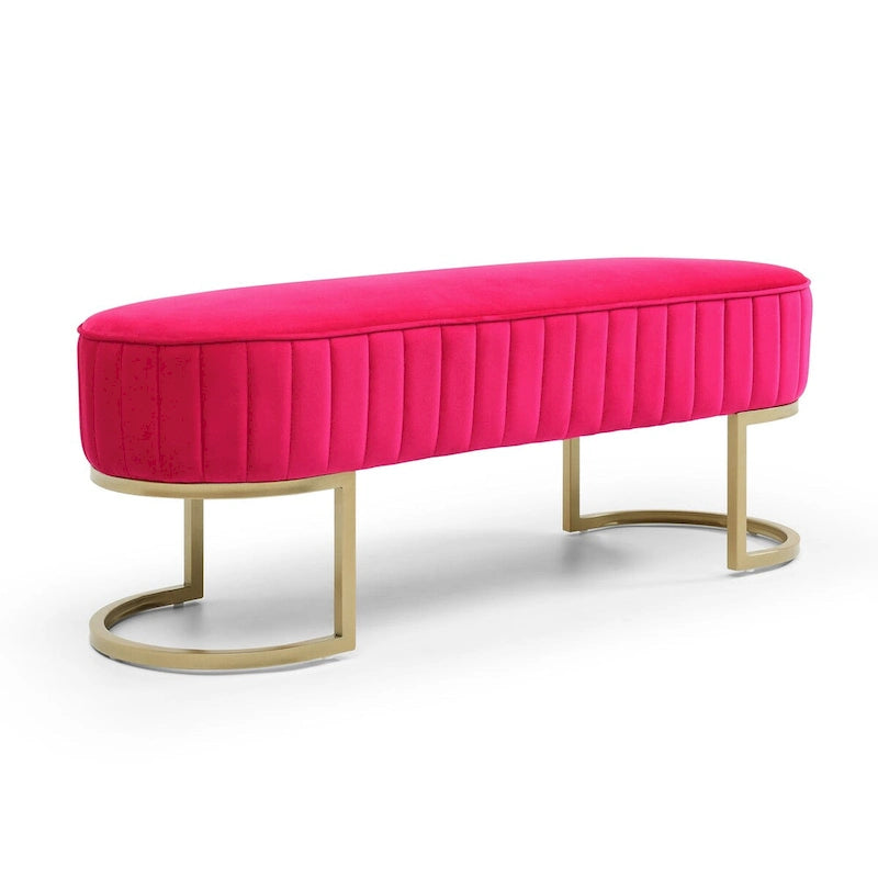 Banc ottoman ovale matelassé en canaux de 122 cm avec cadre en bois massif, mousse haute densité et base en métal doré en forme de U
