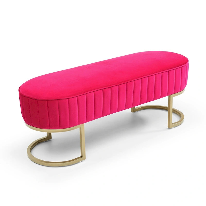 Banc ottoman ovale matelassé en canaux de 122 cm avec cadre en bois massif, mousse haute densité et base en métal doré en forme de U