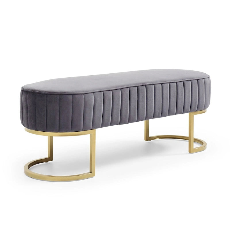 Banc ottoman ovale matelassé en canaux de 122 cm avec cadre en bois massif, mousse haute densité et base en métal doré en forme de U