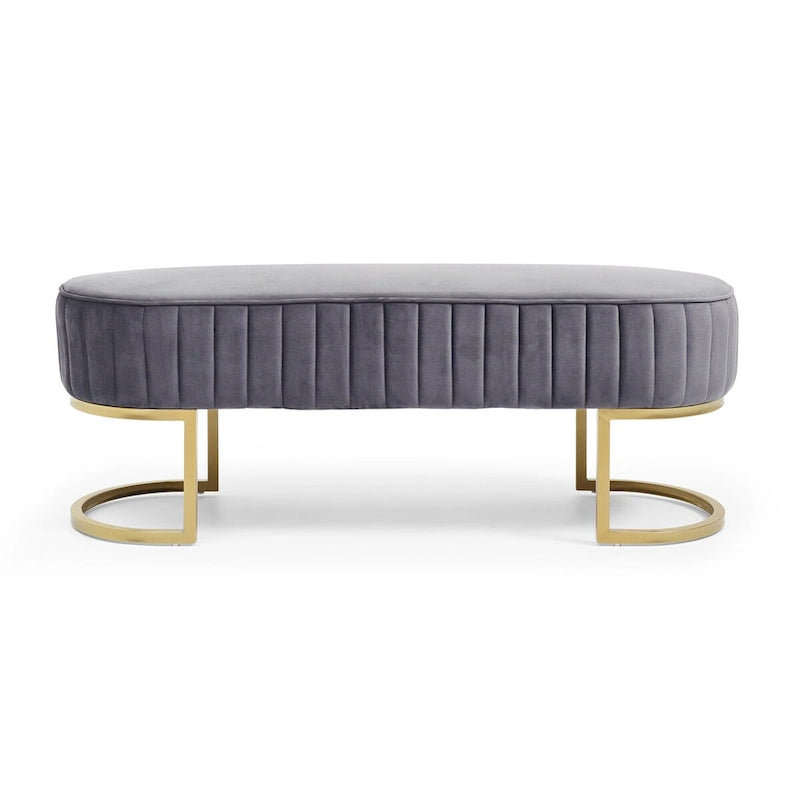 Banc ottoman ovale matelassé en canaux de 122 cm avec cadre en bois massif, mousse haute densité et base en métal doré en forme de U
