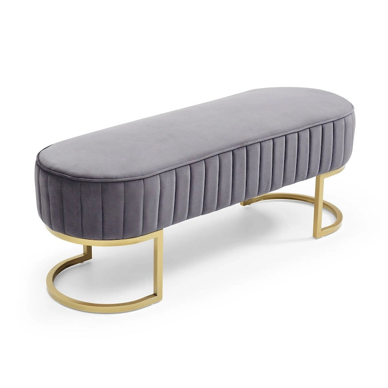 Banc ottoman ovale matelassé en canaux de 122 cm avec cadre en bois massif, mousse haute densité et base en métal doré en forme de U
