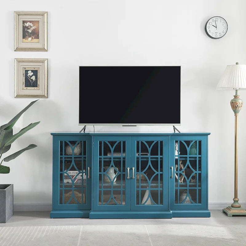Meuble TV quatre portes bleu sarcelle avec buffet, portes en verre sculpté en MDF et étagères réglables