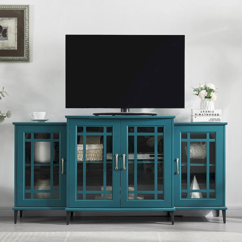 Meuble TV quatre portes bleu sarcelle avec buffet, portes en verre sculpté en MDF et étagères réglables