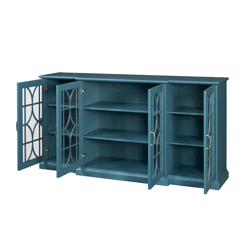 Meuble TV quatre portes bleu sarcelle avec buffet, portes en verre sculpté en MDF et étagères réglables