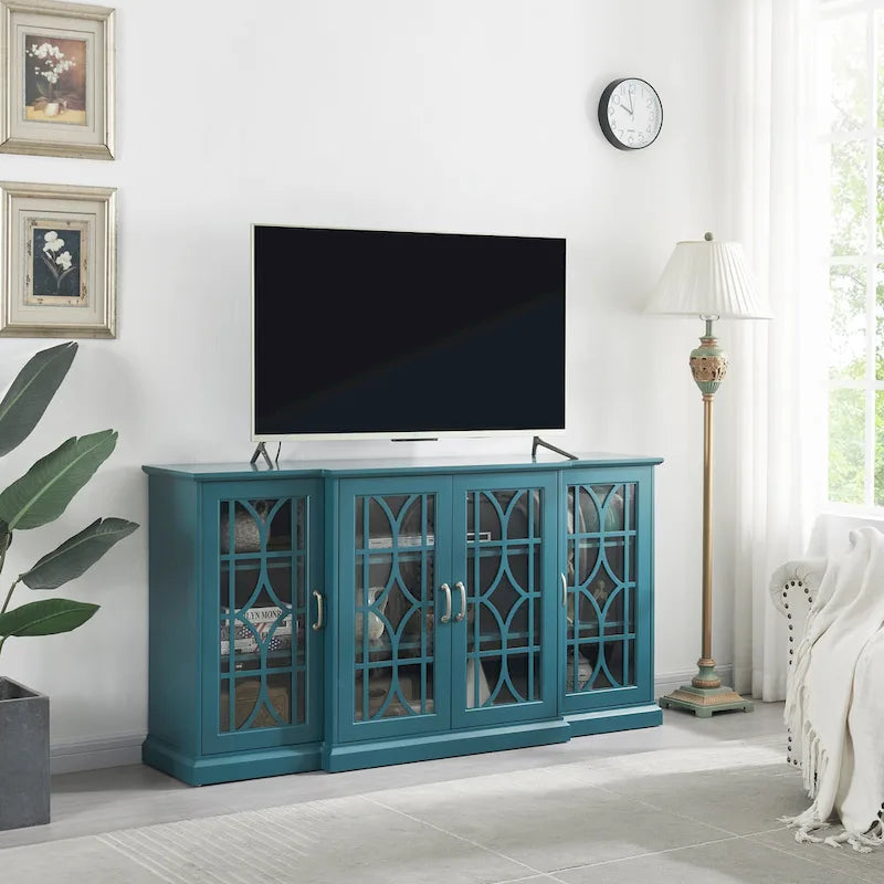 Meuble TV quatre portes bleu sarcelle avec buffet, portes en verre sculpté en MDF et étagères réglables