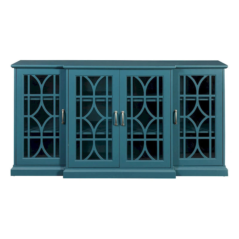 Meuble TV quatre portes bleu sarcelle avec buffet, portes en verre sculpté en MDF et étagères réglables