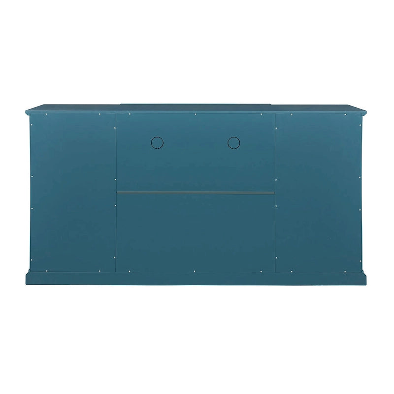 Meuble TV quatre portes bleu sarcelle avec buffet, portes en verre sculpté en MDF et étagères réglables