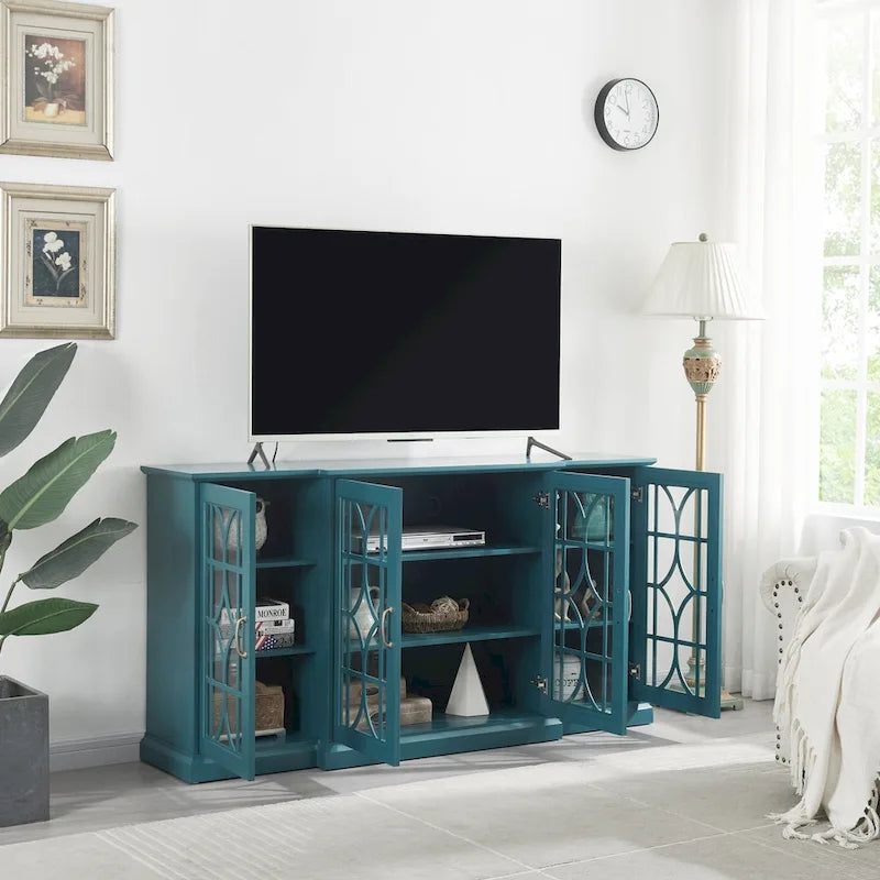 Meuble TV quatre portes bleu sarcelle avec buffet, portes en verre sculpté en MDF et étagères réglables