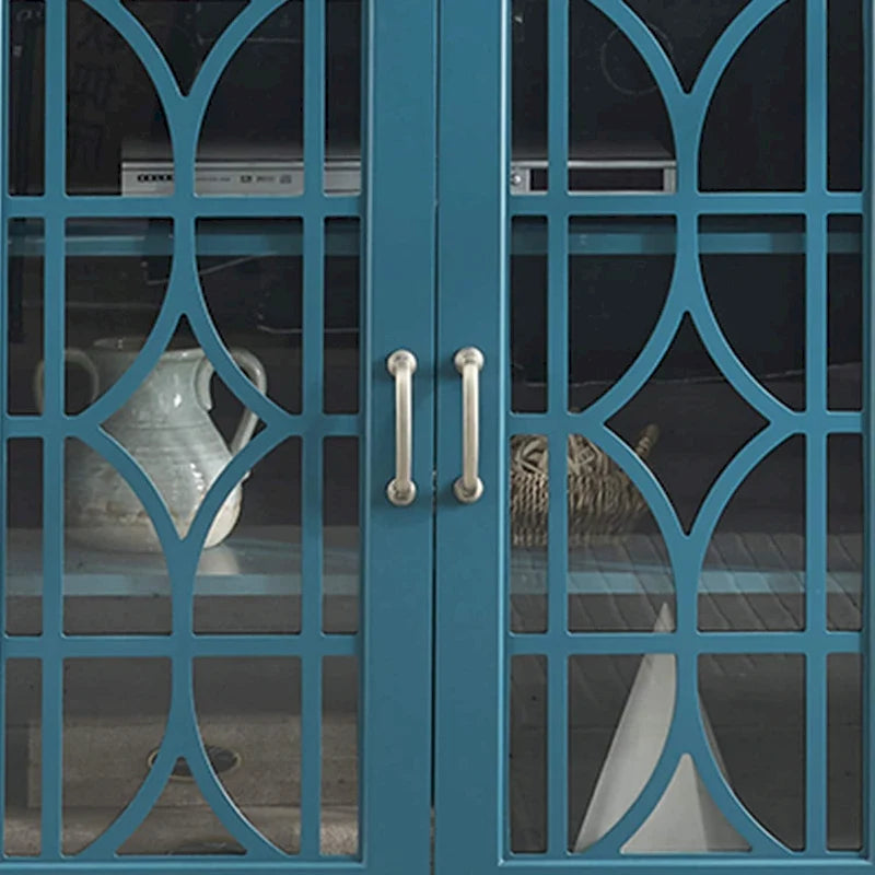 Meuble TV quatre portes bleu sarcelle avec buffet, portes en verre sculpté en MDF et étagères réglables