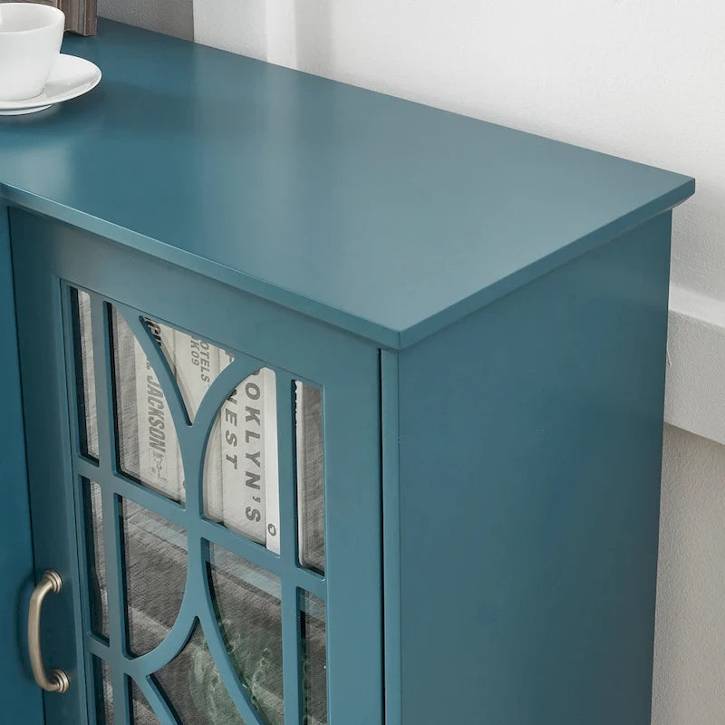 Meuble TV quatre portes bleu sarcelle avec buffet, portes en verre sculpté en MDF et étagères réglables